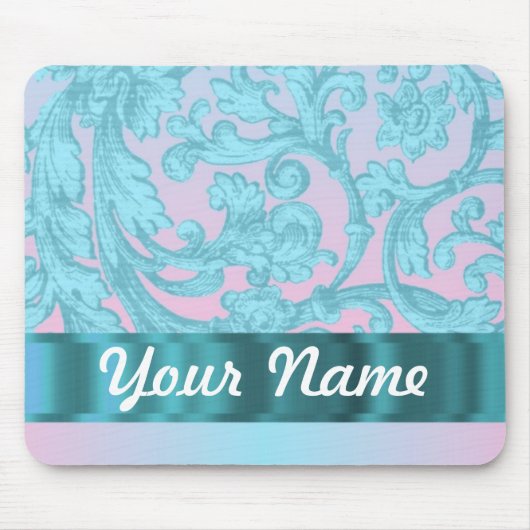 ピンク&ブルー淡い色のダマスクレース マウスパッド (正面)