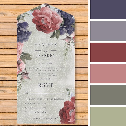 ピンク&ブルー素朴牡丹セージグリーンディナー オールインワン招待状