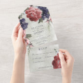 ピンク&ブルー素朴牡丹セージグリーンNoディナー オールインワン招待状 (貼ってはがせる)