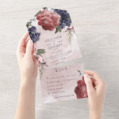 ピンク&ブルー素朴牡丹ピンクディナー オールインワン招待状 (貼ってはがせる)