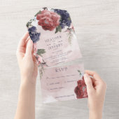 ピンク&ブルー素朴牡丹ピンクNoディナー オールインワン招待状 (貼ってはがせる)