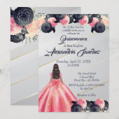 ピンク&ブルー金ゴールドストライプのフローラキンセアニェラ 招待状 (正面/裏面)