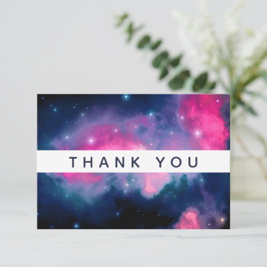 ピンク&ブルー銀河系&スター抽象芸術ありがとう サンキューカード (スタンド正面)