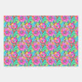 ピンク、ブルー鮮やか、オレンジ、グレのフローラルパターン ラッピングペーパーシート (正面)