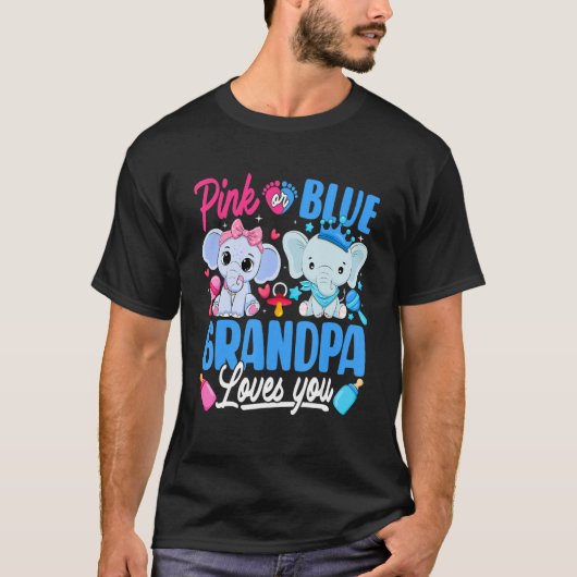 ピンク?ブルー?おじいちゃんはあなたが好き 性別発表ぞう Tシャツ (正面)