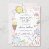 ピンク ブルー かわいい 遊び心のある 誕生日 招待状 (正面)