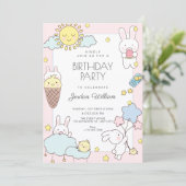 ピンク ブルー かわいい 遊び心のある 誕生日 招待状 (スタンド正面)