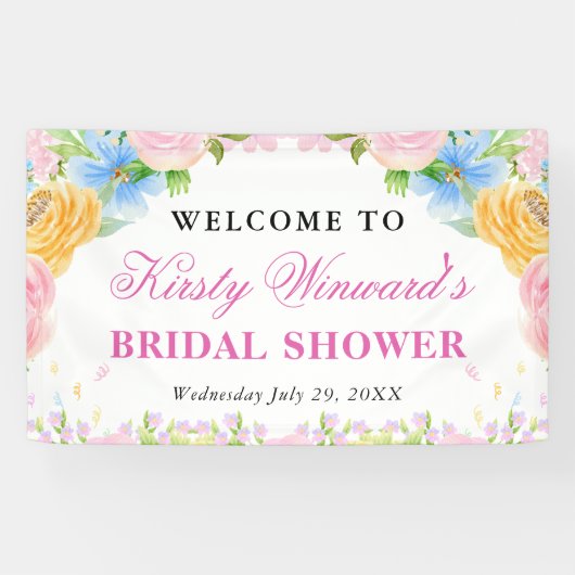ピンク、ブルー、イエローのサマーフラワー ブライダルシャワー 横断幕 (横)