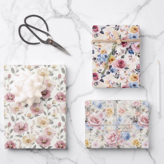 ピンク ブルー イエロー パープル フラワー ヴィンテージ シック ラッピングペーパーシート (正面)