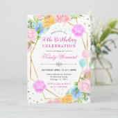 ピンク ブルー イエロー フラワー ゴールド フレーム 50歳の誕生日 招待状 (スタンド正面)