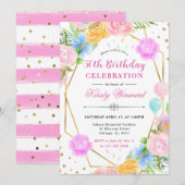 ピンク ブルー イエロー フラワー ゴールド フレーム 50歳の誕生日 招待状 (正面/裏面)