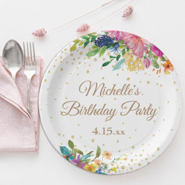 ピンク ブルー イエロー フローラル 誕生日パーティー ペーパープレート