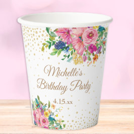 ピンク ブルー イエロー フローラル 誕生日パーティー 紙コップ