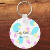 ピンク ブルー イエロー 幸せな誕生日 キッズ 形の抽象 キーホルダー (正面)