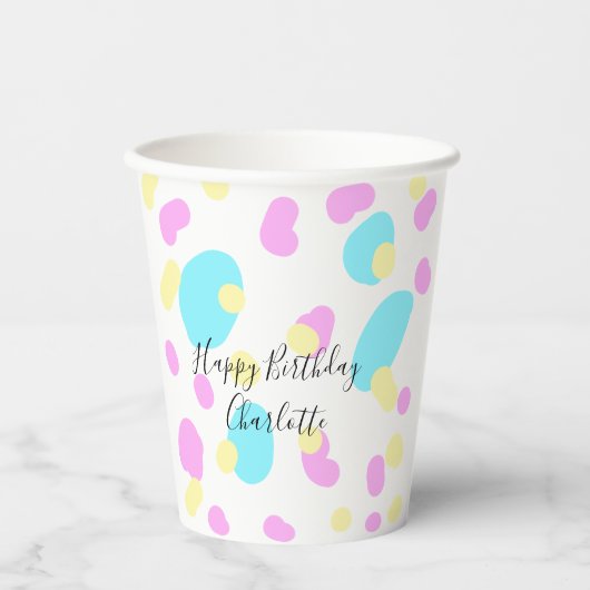 ピンク ブルー イエロー 幸せな誕生日 キッズ 形の抽象 紙コップ (正面)