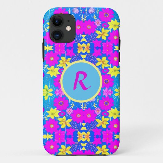 ピンク ブルー イエロー 花柄 背景 名前追加 Case-Mate iPhoneケース (裏面)
