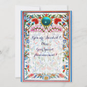 ピンク ブルー オリエンタル フラワーズ ダマスク ジェム モノグラム 招待状 (正面)