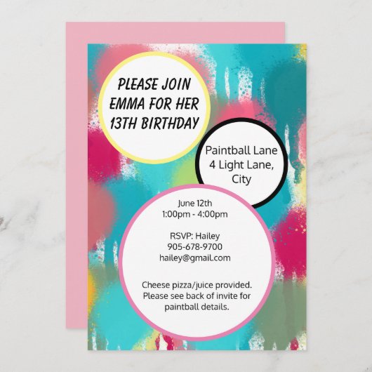 ピンク、ブルー、グリーンペイントボール誕生日 招待状 (正面/裏面)