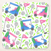 ピンク ブルー グリーン ゴルフ プレッピー スクエアペーパーコースター (正面)