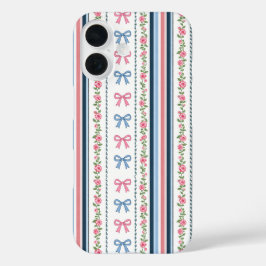 ピンク ブルー コケット リボン フラワー ストライプ iPhone 16ケース