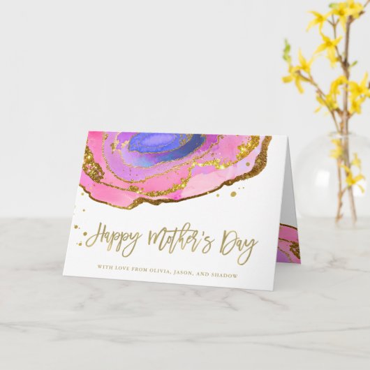 ピンク ブルー ゴールドのジオード | 母の日おめでとう カード (黄色い花)