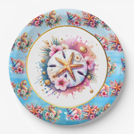 ピンク、ブルー、ゴールドの海岸のサンドダラー ビーチ ペーパープレート