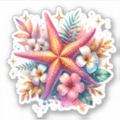 ピンク、ブルー、ゴールドの海岸のヒトデ　ビーチっぽい シール (正面)