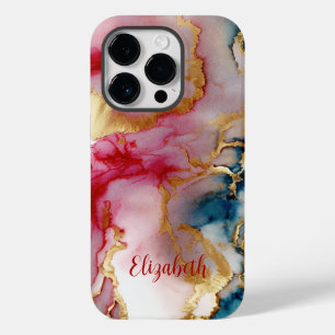 ピンク ブルー ゴールド アルコールウォッシュ 水彩 スプラッシュ モノグラム Case-Mate iPhone 14 PROケース