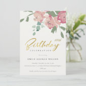 ピンク ブルー ゴールド 牡丹 フラワー どんな年齢の誕生日 招待状 (スタンド正面)