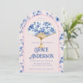  ピンク & ブルー シノワズリー扇形 | ブライダルティー 招待状 (スタンド正面)