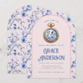 ピンク & ブルー シノワズリー ポケット ウォッチ ティー 招待状 (正面/裏面)