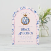 ピンク & ブルー シノワズリー ポケット ウォッチ ティー 招待状 (スタンド正面)