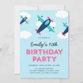 ピンク・ブルー・ティール(緑がかった色)機誕生日パーティー 招待状 (正面)