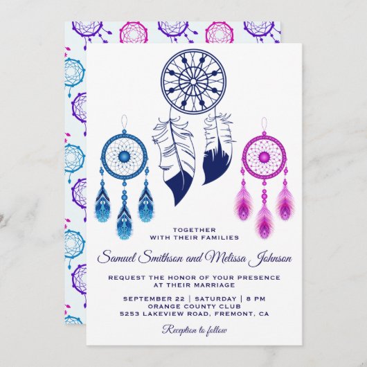 ピンク ブルー ドリームキャッチャー ウェディング 招待状 (正面/裏面)