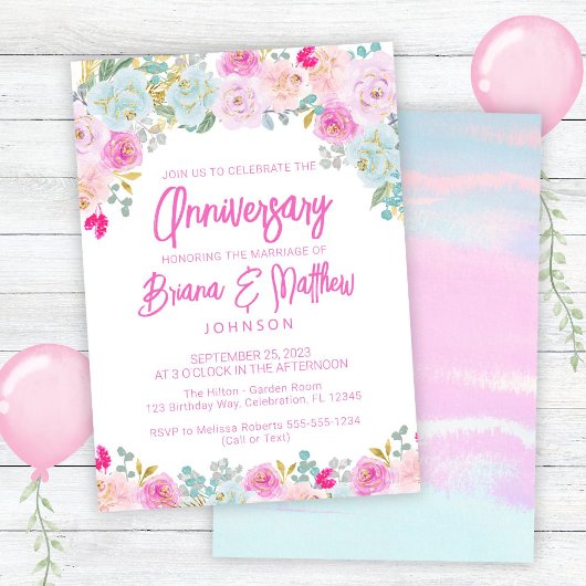 ピンク ブルー ピーチ フラワー ウェディング 結婚記念日 招待状