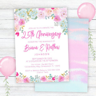 ピンク ブルー ピーチ フローラル 25周年 結婚記念日 招待状