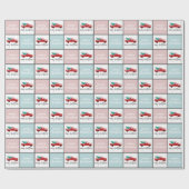 ピンク、ブルー、ホワイトのメリークリスマストラック ラッピングペーパー (フラット)