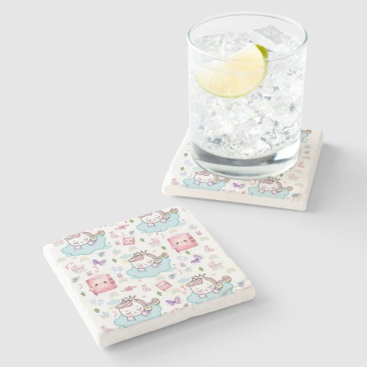 ピンク ブルー ユニコーン レインボー 猫 大理石 コースター (横)