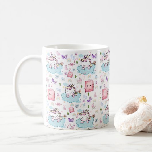 ピンク ブルー ユニコーン 猫 レインボー マグカップ (ドーナツ)