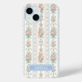 ピンク ブルー 水彩 花 ストライプ iPhone 15ケース
