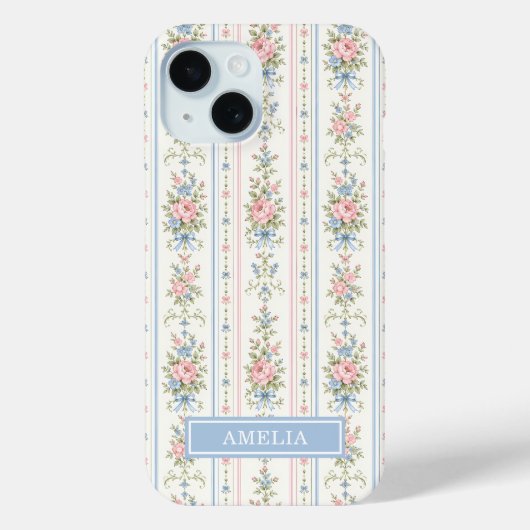 ピンク ブルー 水彩 花 ストライプ Case-Mate iPhoneケース (裏面)
