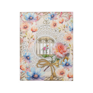 ピンク ブルー 水彩 花 鳥かご エレガントなレース ノートパッド