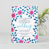 ピンク ブルー 花 葉 アクリル絵の具 結婚式 招待状 (スタンド正面)