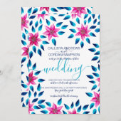 ピンク ブルー 花 葉 アクリル絵の具 結婚式 招待状 (正面/裏面)