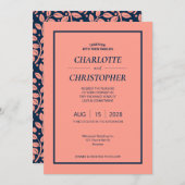 ピンク & ブルー 葉っぱの模様 招待状 (正面/裏面)