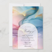 ピンク、ブルー、金ゴールドアルコールインクエレガンス結婚ズ 招待状 (正面)
