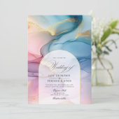 ピンク、ブルー、金ゴールドアルコールインクエレガンス結婚ズ 招待状 (スタンド正面)