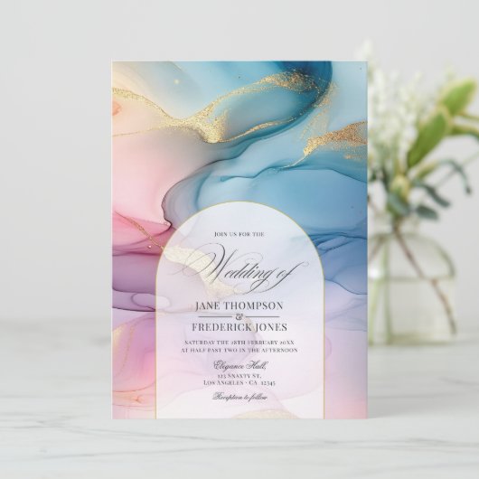 ピンク、ブルー、金ゴールドアルコールインクエレガンス結婚ズ 招待状 (スタンド正面)