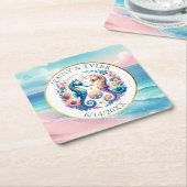 ピンク、ブルー、金ゴールド沿岸のシーホースビーチー スクエアペーパーコースター (アングル)