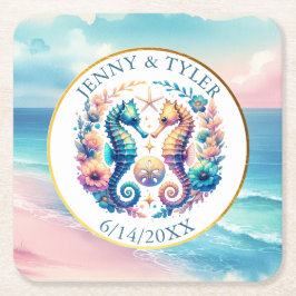 ピンク、ブルー、金ゴールド沿岸のシーホースビーチー スクエアペーパーコースター
